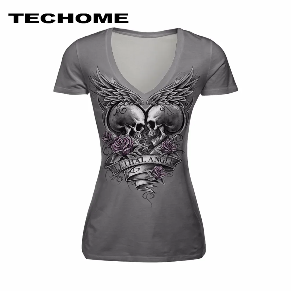 

2017 Summer Women T Shirt Brand Short Sleeve V-Neck Punk Rock Funny T-Shirt Female 3D Skull Head Print Tshirts Tee Shirt Tops