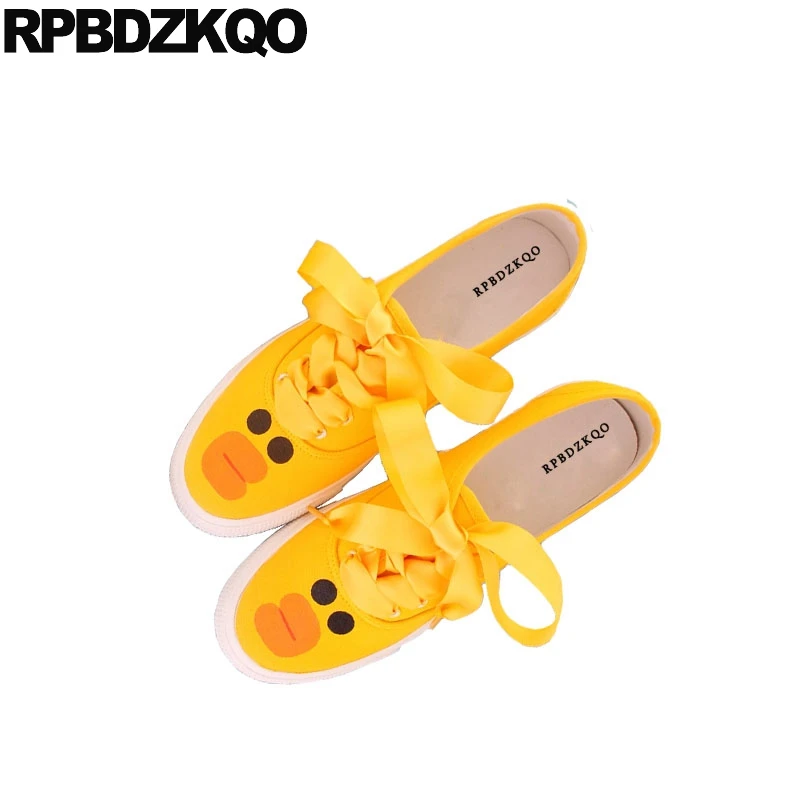

Breathable Flats Cute Yellow Canvas Round Toe Designer Sneakers Elevator Lace Up Women Cheap Shoes China Thick Sole Cartoon