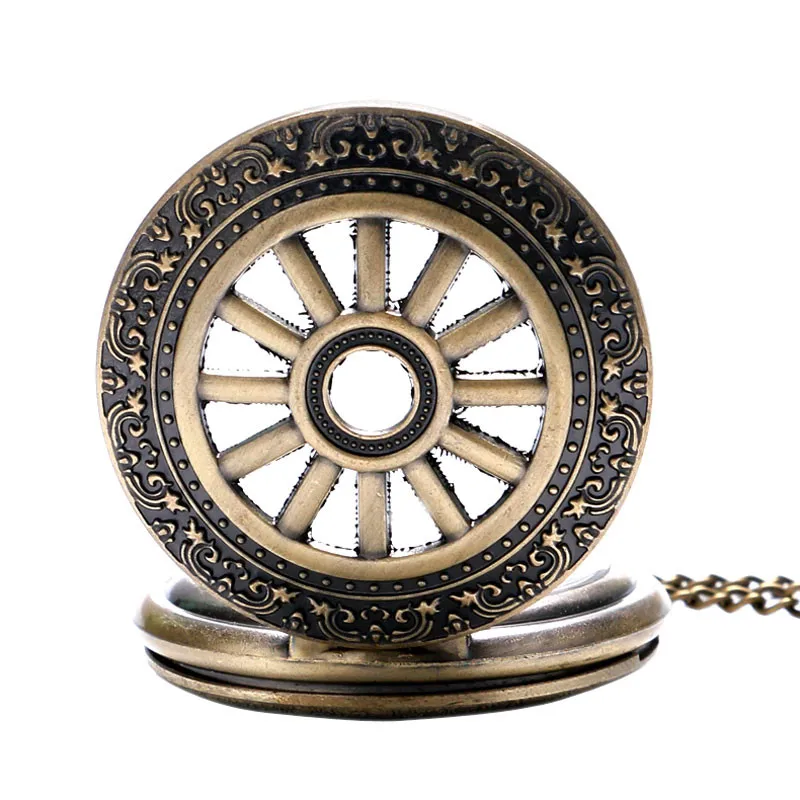 Античный карманные часы полые Бронзовый перевозки колеса Крышка кулон цепи Ретро Fob часы специальные подарки для бокса день рождения