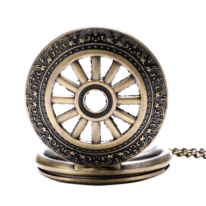 Antique Pocket Watch Hollow Bronze Carriage Wheel Cover Pendant Chain Retro Fob Watches Special Gifts for Boxing Day Birthdays (5)