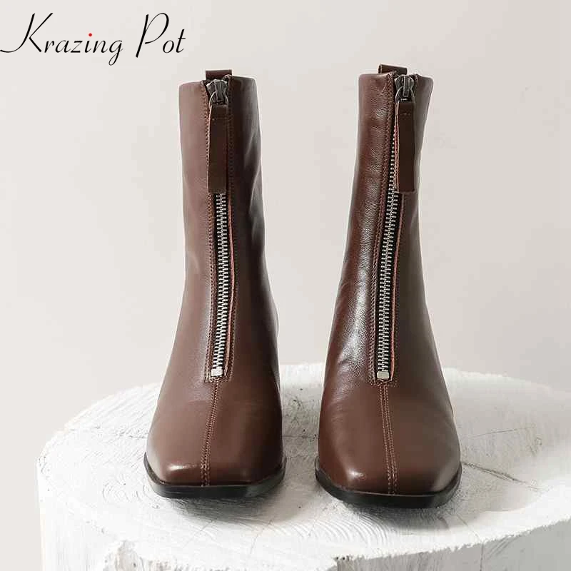 

krazing pot new genuine leather square toe Western boots European high street fashion metal zipper decoration mid-calf boots L49