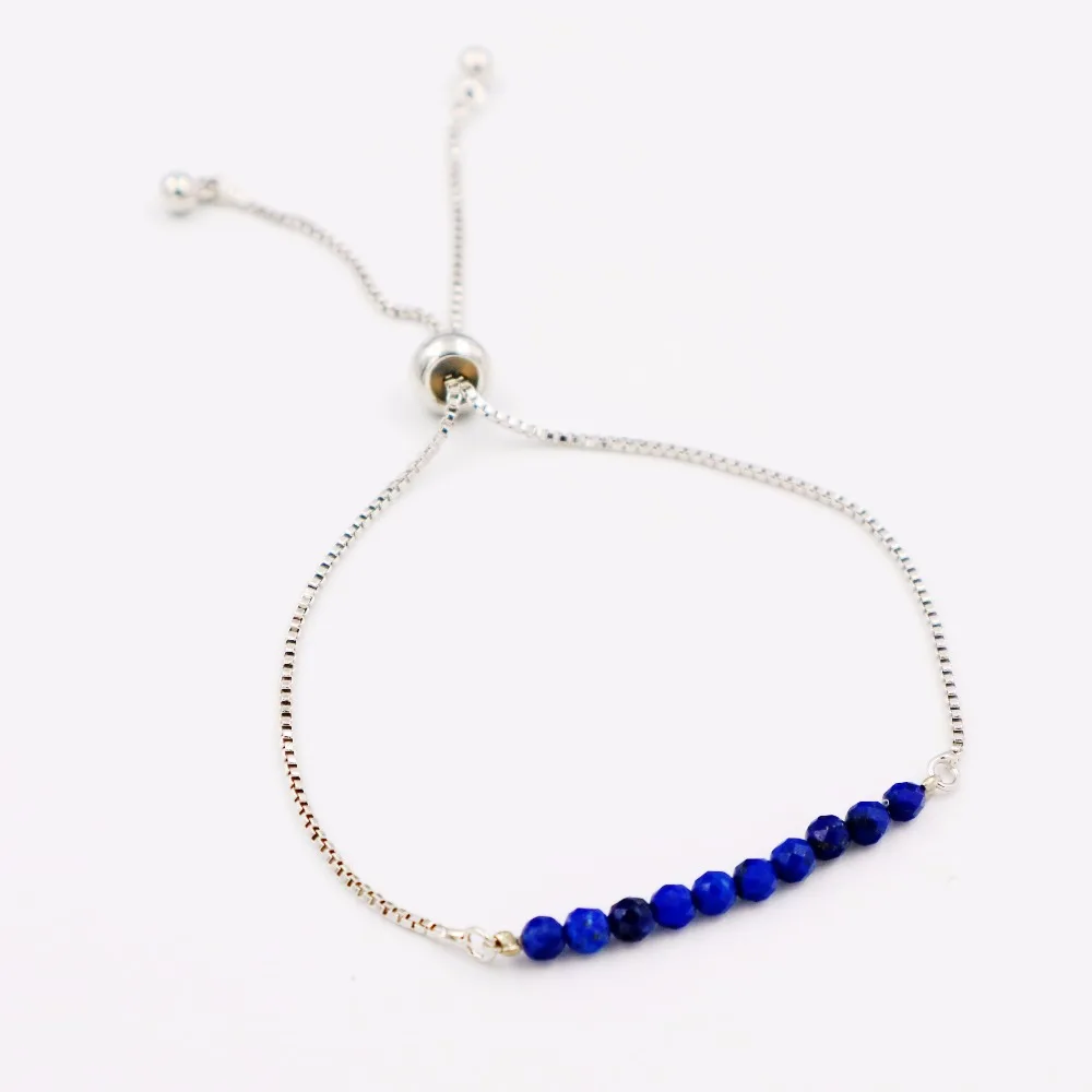 

Natural Stone Blue Lapis lazuli 3mm Handcut Faceted Roun Beads Alloy Chain Bracelet forMan/Women Nice Gift 7''-10''