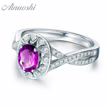

AINUOSHI Natural Amethyst Flower Ring 1.25ct Oval Cut Gem 925 Sterling Silver Twisted Ring Engagement Wedding Jewelry Women Ring
