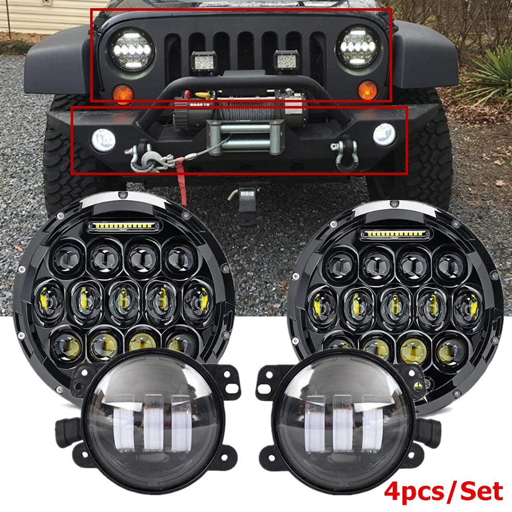 

Аксессуары для Jeep JK Wrangler, светодиодные фары 7 дюймов 75 Вт, белые ДХО с 4-дюймовым передним бампером, противотуманные фары для Jeep JK JKU 2007-2017