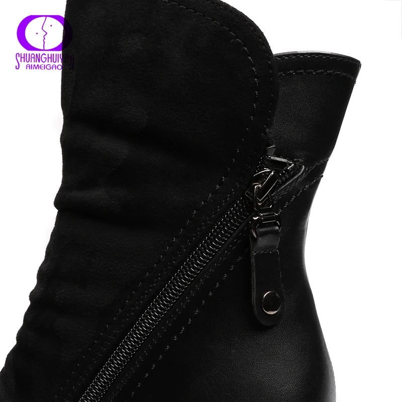 AIMEIGAO/Новое поступление; женские ботильоны на высоком каблуке; Замшевые женские ботинки с двойной молнией; короткие плюшевые зимние ботинки черного цвета на квадратном каблуке