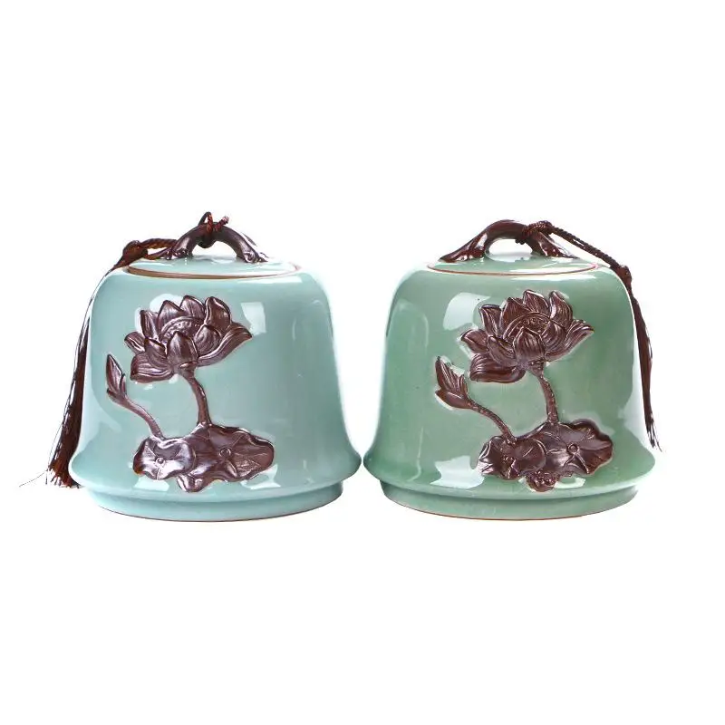 

New Traditional Ceramic Tea Caddies Handprinted Lotus Classic Chinese Style Tea Storage Kung Fu Tea Accessories