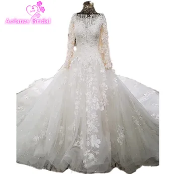 شراءرداء دي ماريج فاخر الدانتيل زينة كريستال الشمبانيا فساتين الزفاف كم طويل فساتين الزفاف Vestido De Noiva