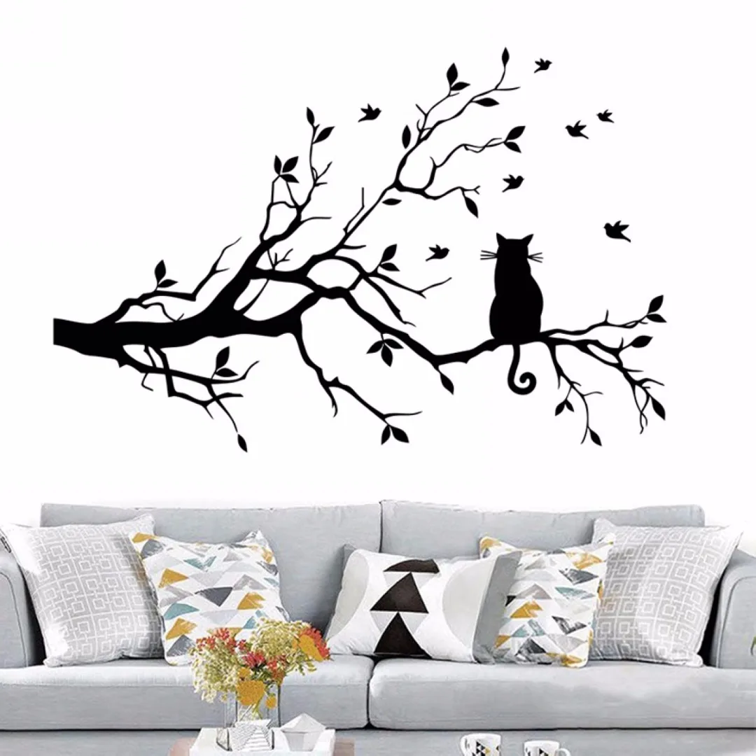 Large Cat On A Branch Tree Birds Wall Sticker Vinyl Art Decal Window Decal Stencil For Kids Room Decor Adesivo De Parede
