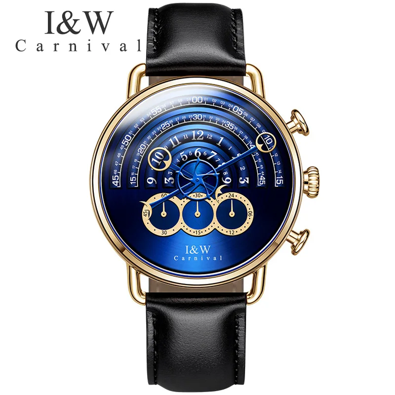 

Carnival Sports Quartz Watch Men Waterproof Sapphire Stainless Steel Blue Dial Leather Strap Stop Wristwatch Relogio Masculino