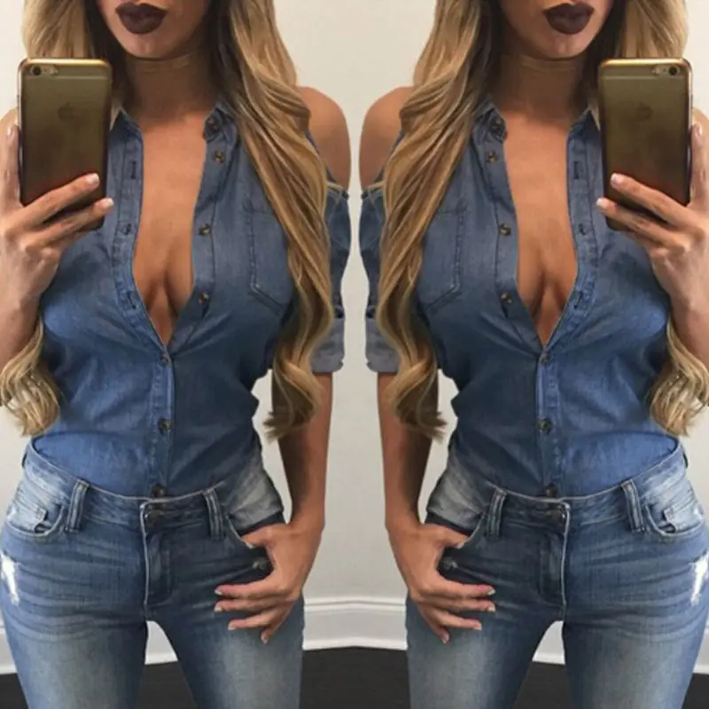 

Women Long Sleeve Off Shoulder Lace Up Neck Imitation Jeans Denim Tops Blouse UK Stock