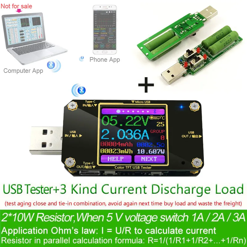 TFT اللون USB نوع-c اختبار سماعة لاسلكية تعمل بالبلوتوث DC الرقمية الفولتميتر الحالي الجهد متر كاشف الطاقة البنك شاحن مؤشر