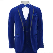 Мужской пиджак с отделкой из 3 предметов, брючный жилет, синий бархатный приталенный свадебный костюм
