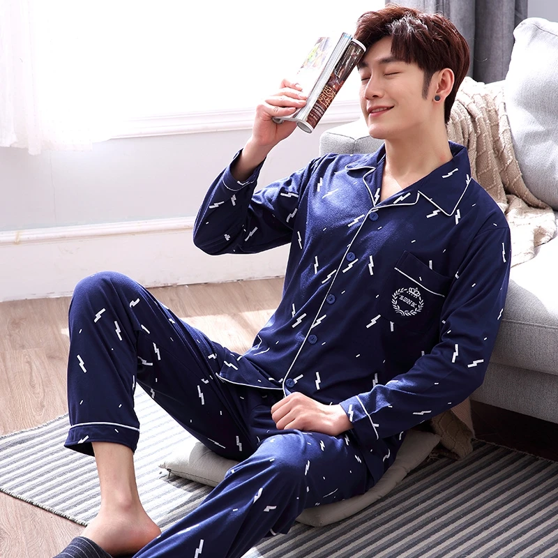 5 Colors Men Pyjamas Set Cotton Long sleeved Korean Sleepwear Nightgown ...