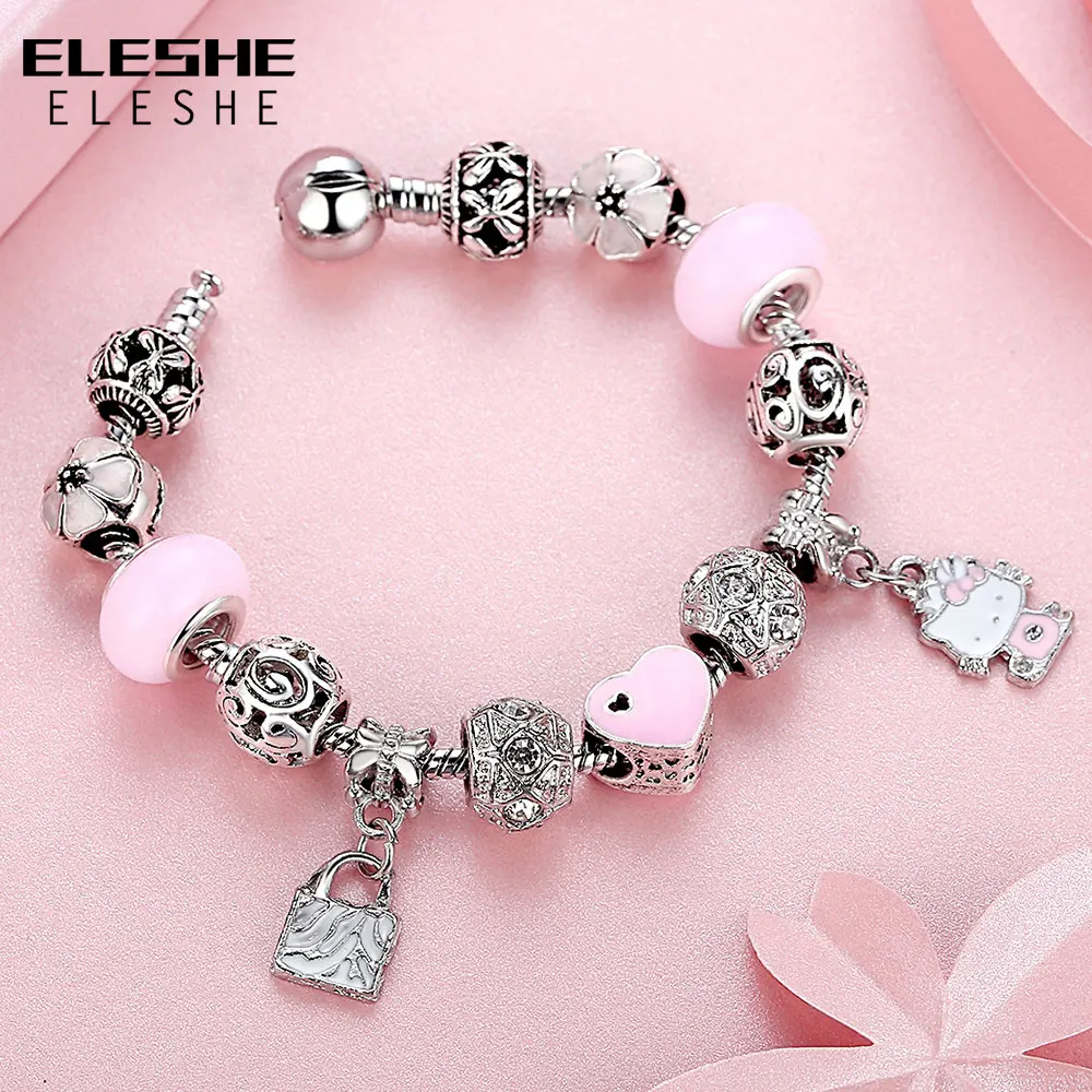 Eleshe Cute Children Cat Kitty Charms Bracelet Bangle For Kids Eleshe Cute Children Cat Kitty Charms Bracelet Bangle For Kids Murano Gl Beads Silver Women Fashion Jewelry In Strand Bracelets From