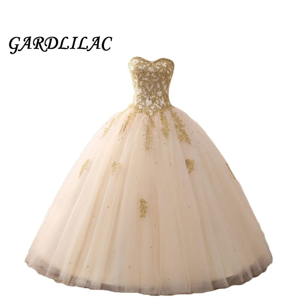 

Gold Quinceanera Dresses Sweetheart Ball Gown Gold Appliques Beaded Vestido de debutante sweet 16 dresses Prom Dress Long 2019