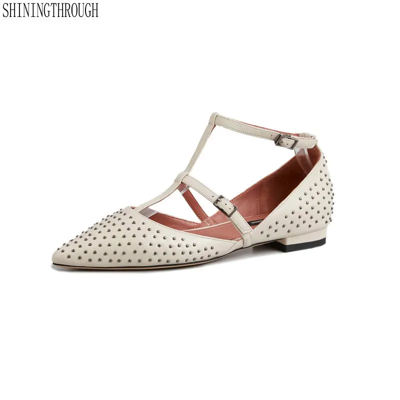 

2019 New genuine leather flat women shoes T-strap casual shoes woman summer pumk style rivets singe shoes