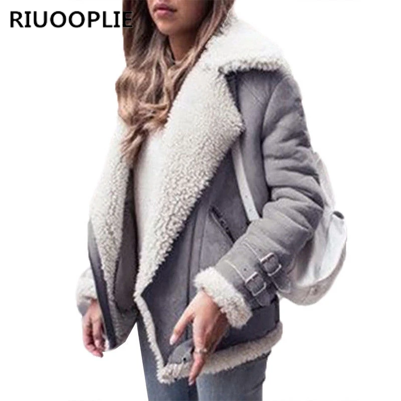 New  RIUOOPLIE Winter Womens Fleece Fur Biker Aviator Jacket Coat Zipper Warm Lapel Outwear