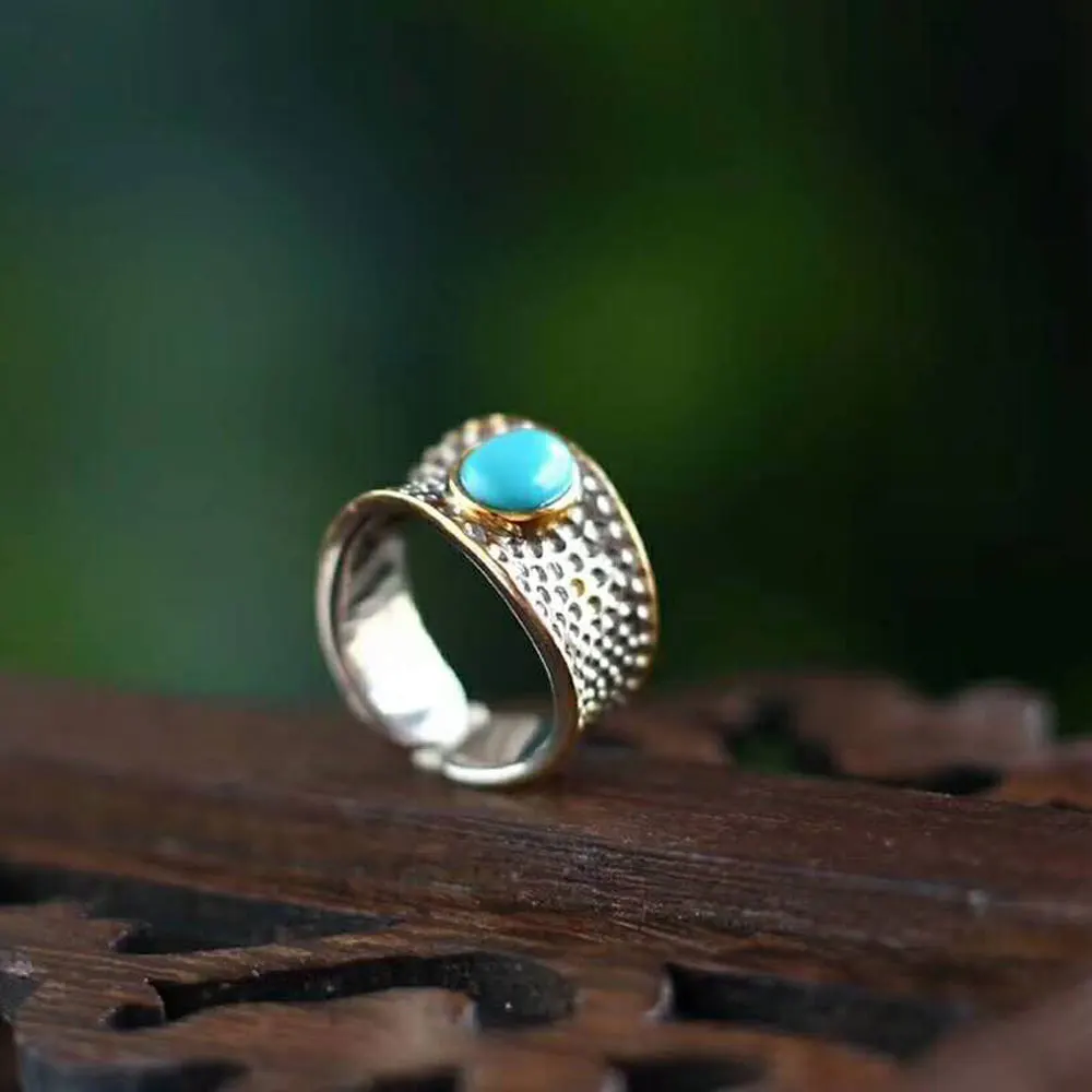 

RADHORSE 925 Silver Rings for Women Fine Jewelry Turquoise Hammer Grain Modeling Sterling Silver Ring Adjustable Silver