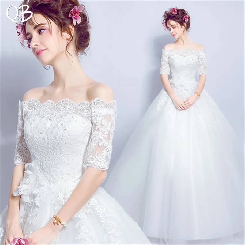 

Elegant A-line Half Sleeve Tulle Lace Flowers Beaded Wedding Dress 2019 New Bridal Dresses Wedding Gowns WE10