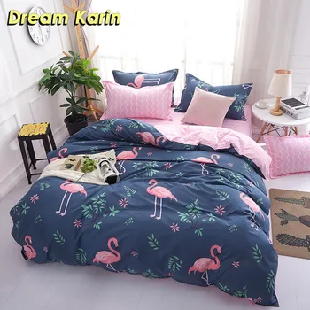 

Dream Karin Pastoral Style Flamingo Pattern Bedding Sets Polyester Blue Duvet Covers with Pillowcases Cover 3Pcs Queen King Size