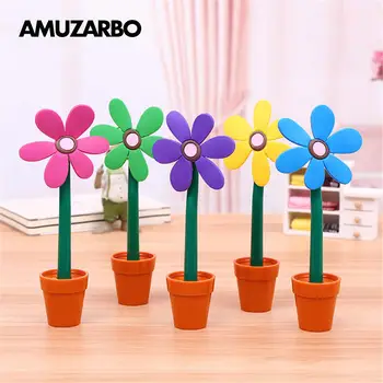 

Unique 5 colors Creative sunflower ballpoint pen Lovely flowerpot shape ballpoint pen Blue ink Fill office stationery