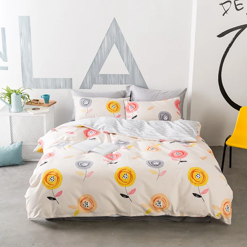 Waliicorners Cartoon 100% Cotton Bedding Set cute cat Duvet Cover Sets Soft Bed Linen Flat Bed Sheet Set Pillowcase 4PCS bed cover 32 Flora