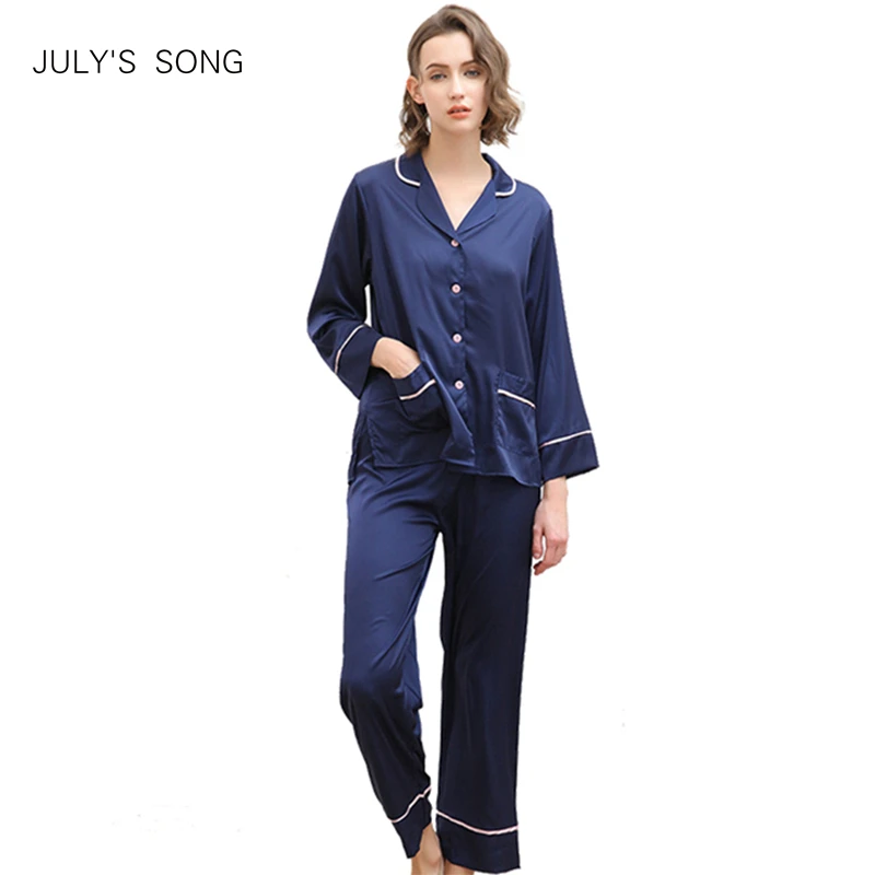 

JULY'S SONG Women Faux Silk Satin Pajamas Set 2 Piece Spring Summer Long Sleeve Sleepwear Pajamas Suit Female Sleep Homewear