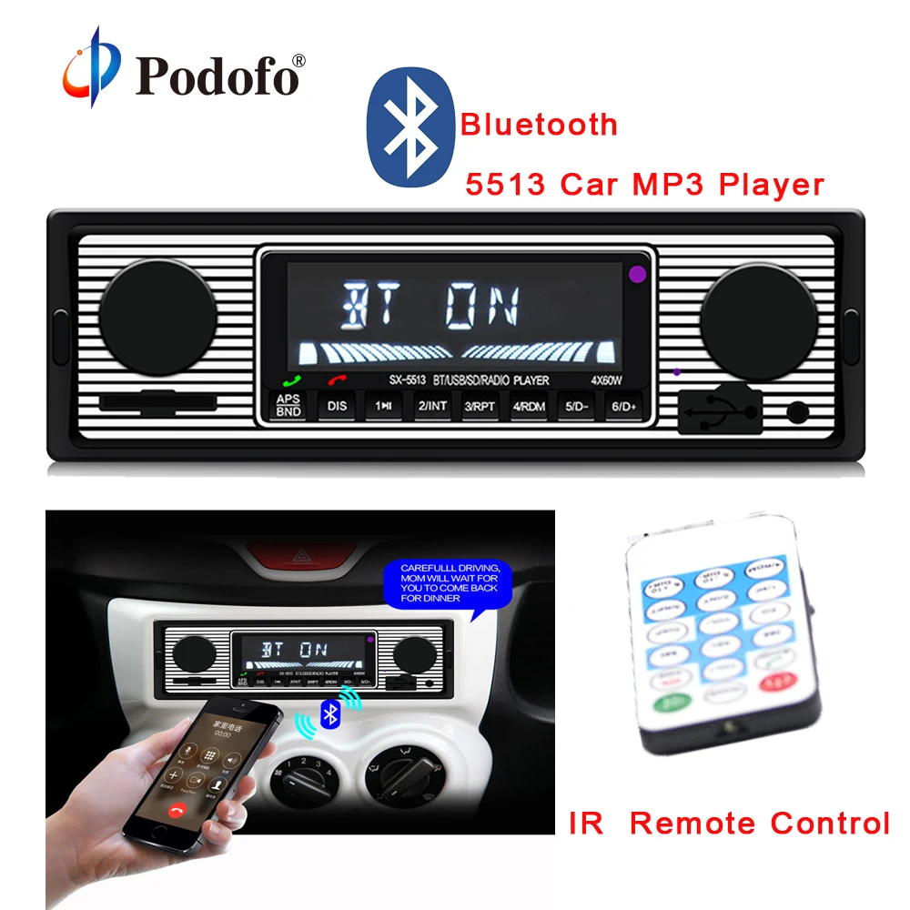 

Podofo 12V Bluetooth Car Radio1 din Autoradio Stereo MP3 Player FM Radio Receiver Support Aux Input SD USB MMC Remote Control