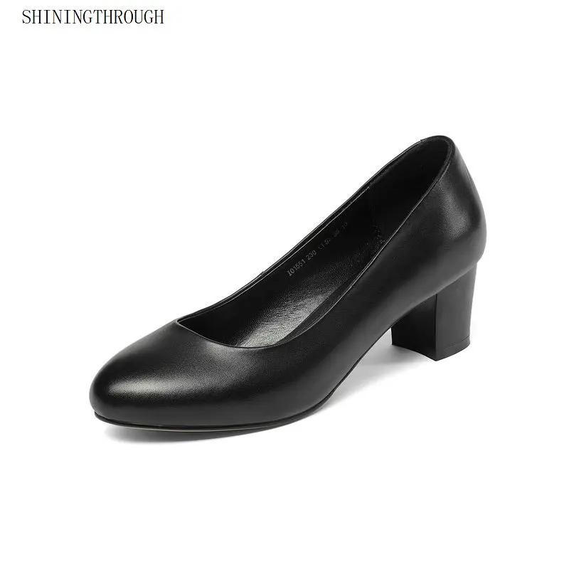 

Genuine leather square heels office ladies shoes woman black women pumps poined toe mather casual shoes woman large size 42