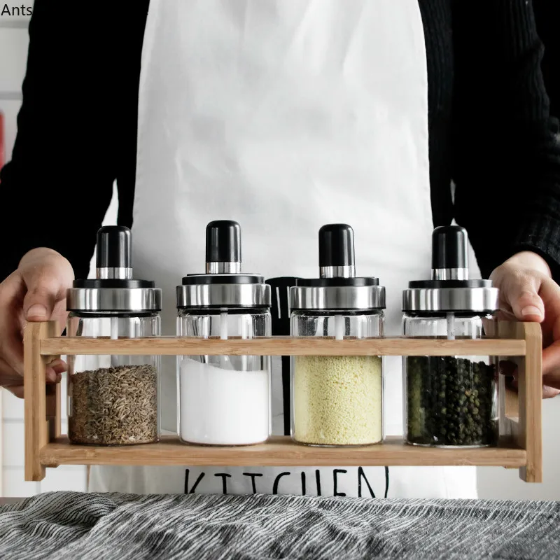

Creative Glass Spice Jar Suit Seasoning Box Three-piece Suit Kitchen Storage Home Decorations with Lid with Spoon