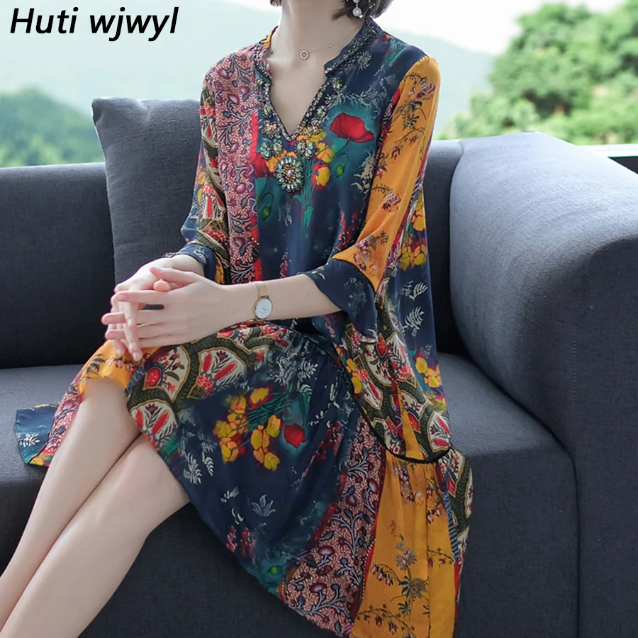 

2019 New Vintage Floral Silk Boho Midi Dresses Summer Korean Plus Size Print Bodycon Beach Sundress Elegant Women Party Vestidos