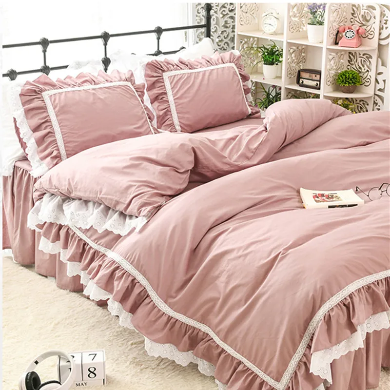 

Free shipping 100%cotton Korean princess ruffles solid color bedding set twin full queen king size lace embroidery bed skirt YYX