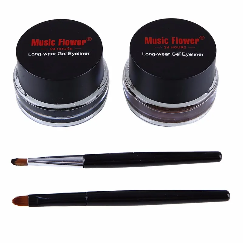 Music Flower 2 в 1 коричневый+ черный гель для подводки глаз для макияжа водостойкий набор подводки для глаз инструмент для макияжа глаз с кистью 24H стойкий