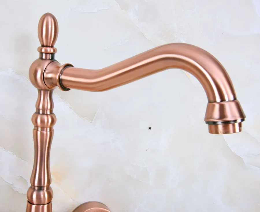Antique Red Copper Brass Wall Mounted Bathroom Kitchen Sink Faucet Swivel Spout Mixer Tap Dual Ceramics Handles Levers anf947