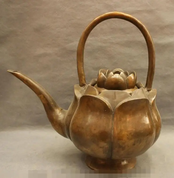 

S7332 14" Chinese Bronze Copper Auspicious Lotus Flower Statue Teapot Wine Pot Flagon D0318