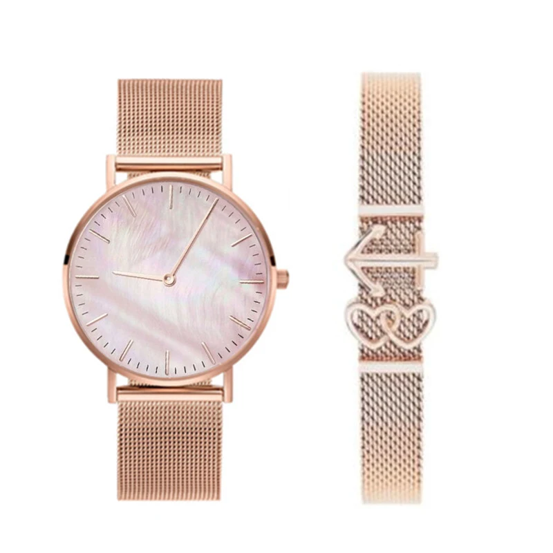 

Mavis Hare Rose Gold Mesh Strap Double Hearts & Anchor Slide Charms Story Bracelet Set with Pink Seashell Wrist Watches as Gift