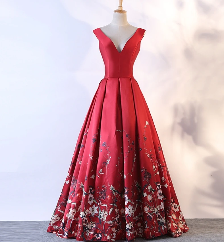 

Red Floral Evening Dresses Long V Neck Prom Dresses Formal Evening Dress Party Gowns Abendkleider 2019 Vestido robe de soiree
