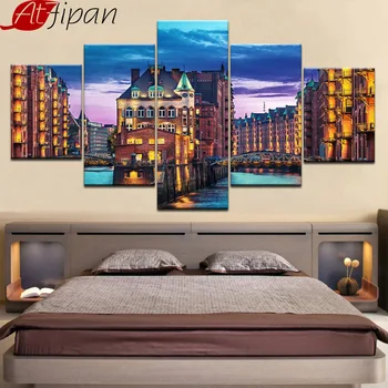 

Wall Art Canvas Painting 5 Panel City Germany Hamburg Light Man Made Night Printed Room Decor Picture Modular Abstract Cuadros