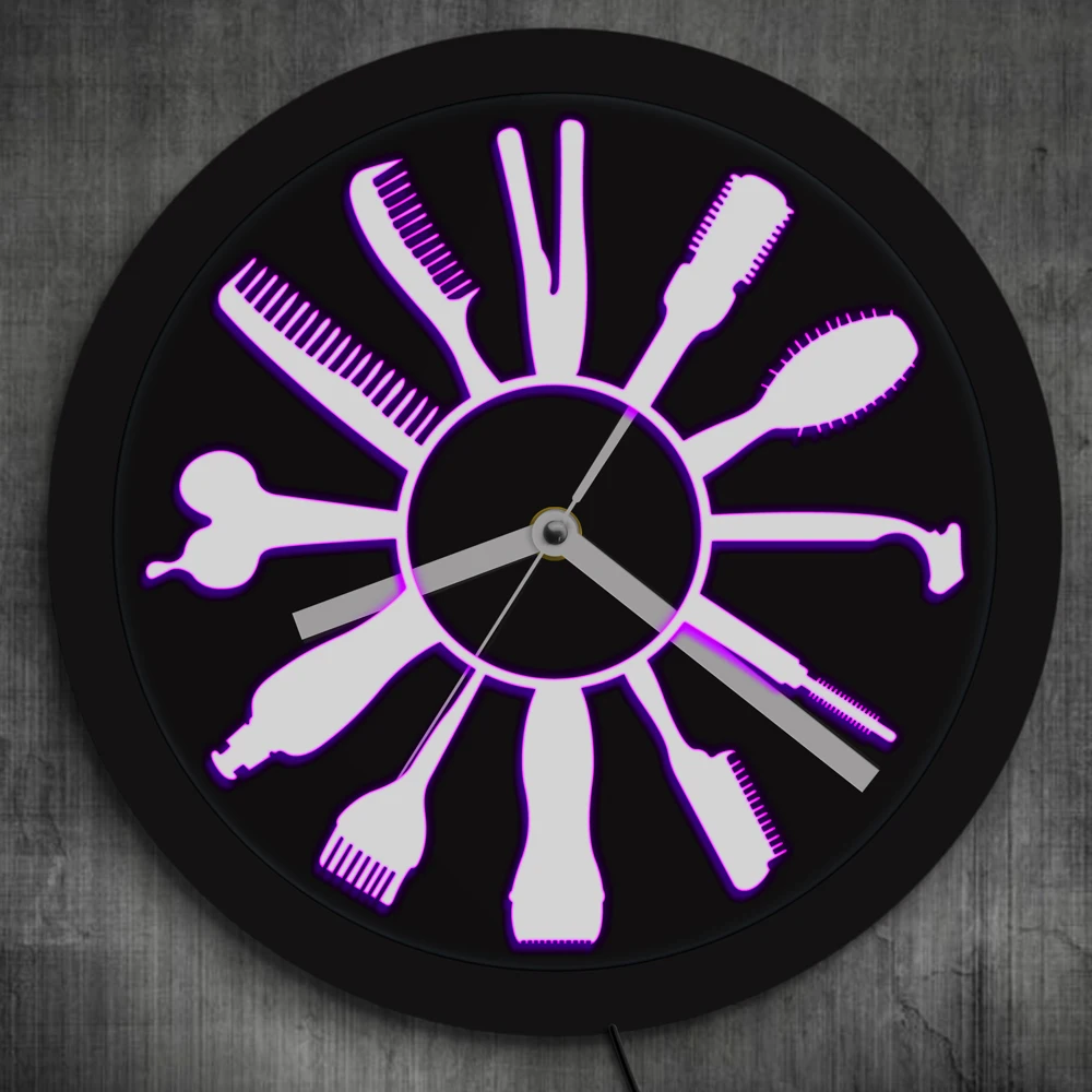 

1Piece Barber Shop LED Business Sign Hairstylist Barber Tools LED Neon Effect Wall Clock Color Changes Modern Design Wall Watch