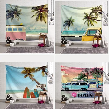 

Mountain Palm Tree Tapestries Landscape Wall Hanging Shell Tropical Yoga Decor Lake Water Bedspreads Blue Sky Large Woven Custom