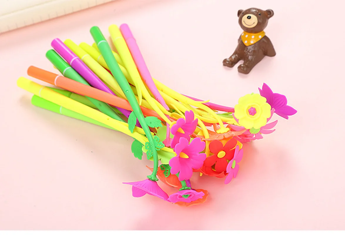 36 Pcs Creative Simulation Plastic Flower Soft Glue Neutral Cartoon  Stationery Cute School Pens Office Supplies Wholesale glue cartoon floral magnetic airbag magsafe phone telescopic holder without magnet color 9 flowers