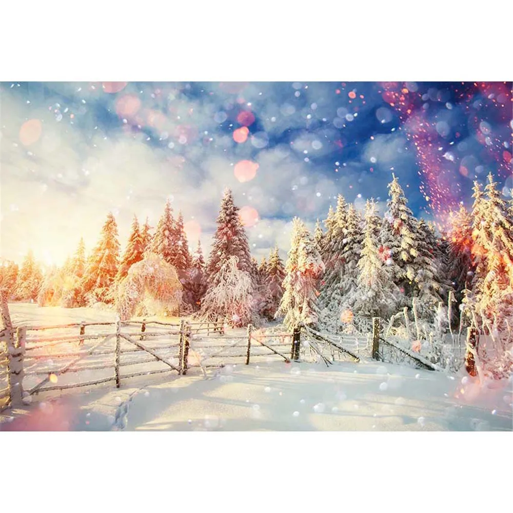 

Dreamlike Winter Scenic Photography Backdrop Vinyl Bokeh Polka Dots Snow Covered Pine Trees Kids Children Photo Shoot Background