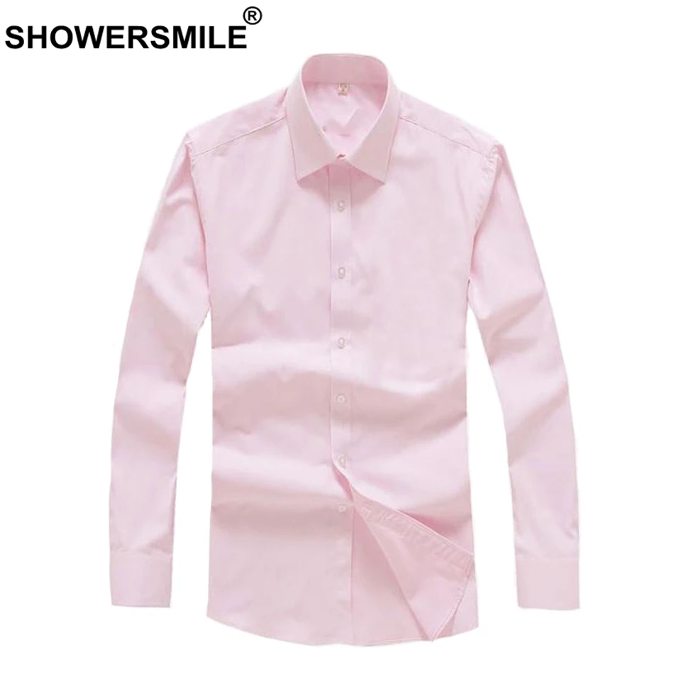 

SHOWERSMILE Mens Pink Social Shirts Slim Fit Dress Shirt Male Long Sleeve Bussiness Summer Autumn Formal Office Shirts Men