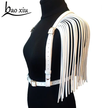 Sexy club accessories Leather Handmade Harness double row Tassel Waist Belts Body Bondage punk Belt Straps Shoulder double padded strimmer brushcutter harness quick release shoulder straps suits