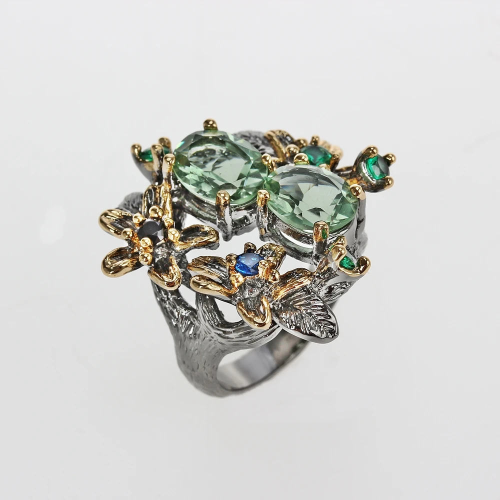 WA11688 green green zircon flower wedding ring women vintage jewelry (5)