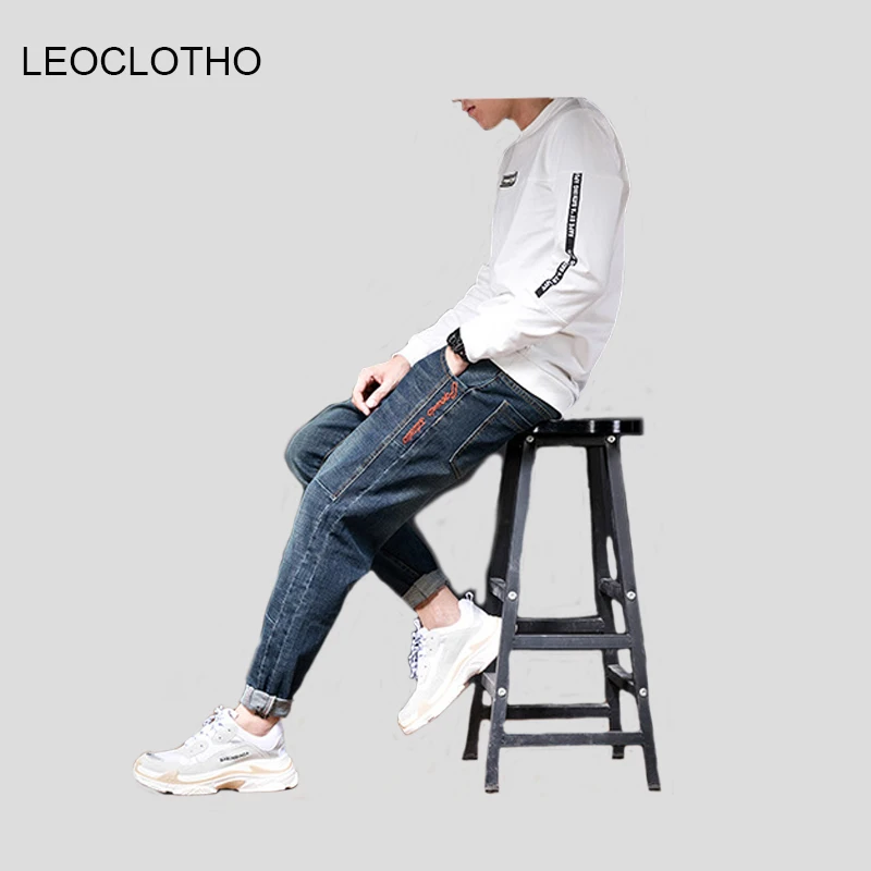 LEOCLOTHO Japanese Embroidery Jeans Men Slim Fit Pencil Pants Fashion Casual Streetwear Pants Men Trousers