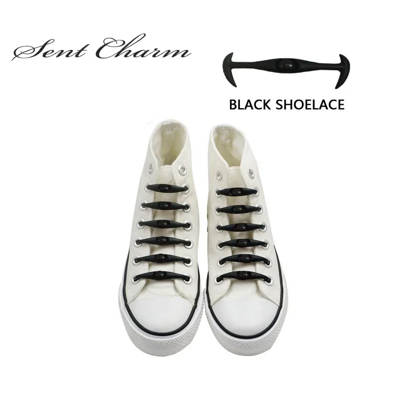 

SENTCHARM 12Pcs/pack Black Cool Elastic Silicone Shoelaces No Tie Lazy Shoelaces For All Sneakers Canvas Shoes