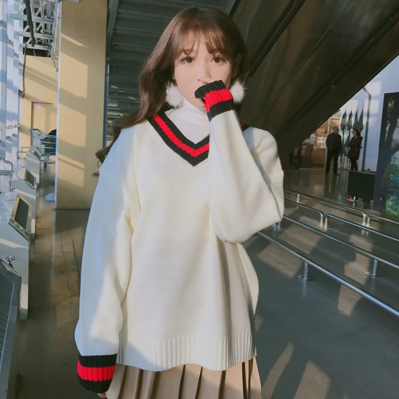 Женские свитера Kawaii Ulzzang свободный базовый свитер с v-образным вырезом Женская