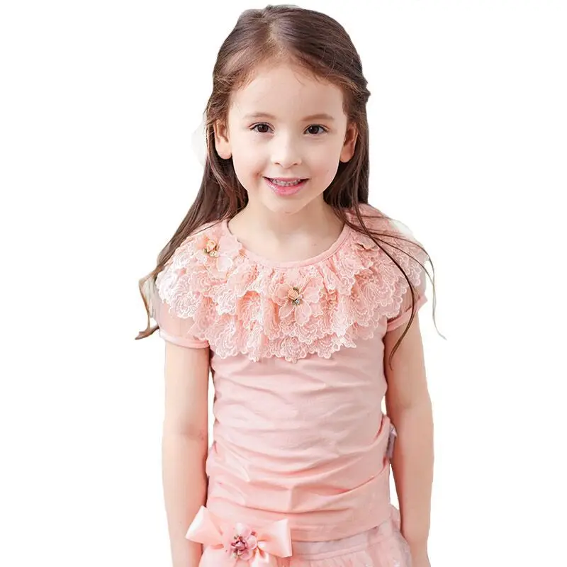 Summer Sweet Baby Kids Girls Lace T Shirt Fashion Short Sleeve Tops Tees Cotton Blouse Casual