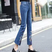 Новая мода весна-осень, с вышивкой повседневные джинсы из денима Большие размеры хлопок flare Штаны женские Капри по талии yqy0901